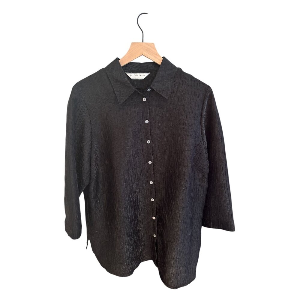 Allison Daley Black Textured Button-Up Shirt 3/4 Sleeve Rayon/Polyester Womens S